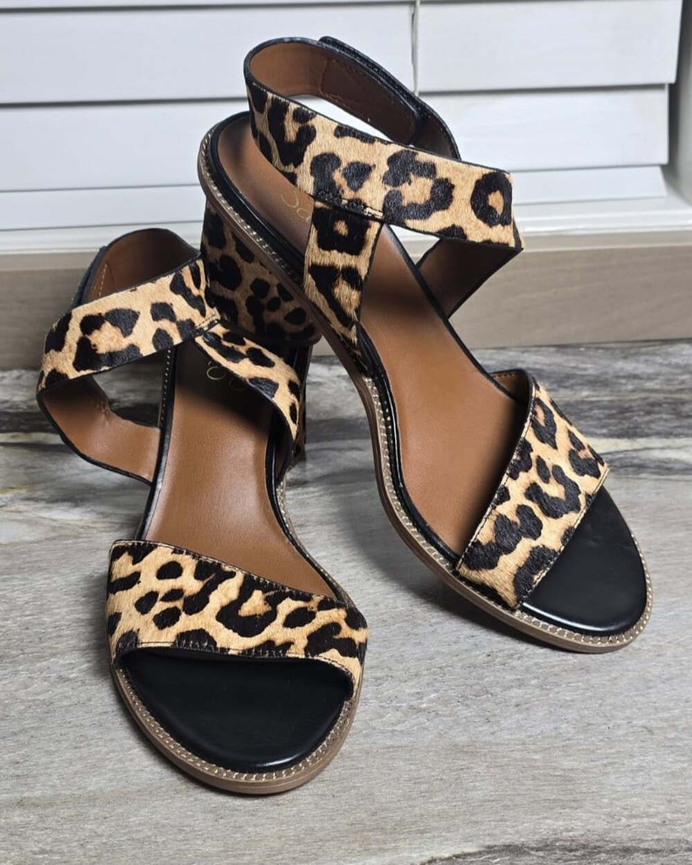 Franco Sarto L-Barda Leopard Calf Hair Block Heel Sandals Women’s 8M Leather - Picture 2 of 10